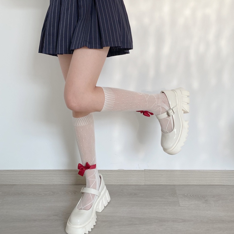 Xixi Tất Lưới Dài Tới Bắp Chân Họa Tiết Chấm Bi Thắt Nơ Phong Cách Preppy Nhật Bản Ngọt Ngào Cho Nữ
