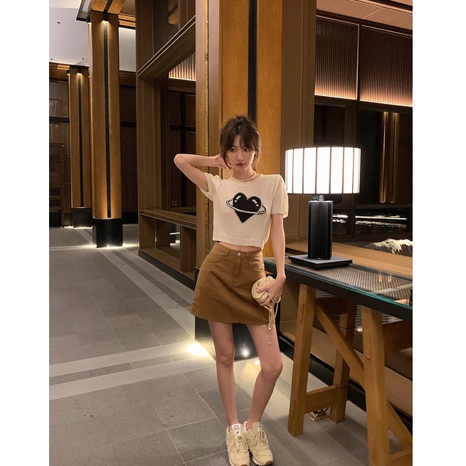 Áo Thun Dệt Kim Tay Ngắn Cổ Tròn In Họa Tiết Trái Tim Thời Trang Hàn Quốc Dành Cho Nữ