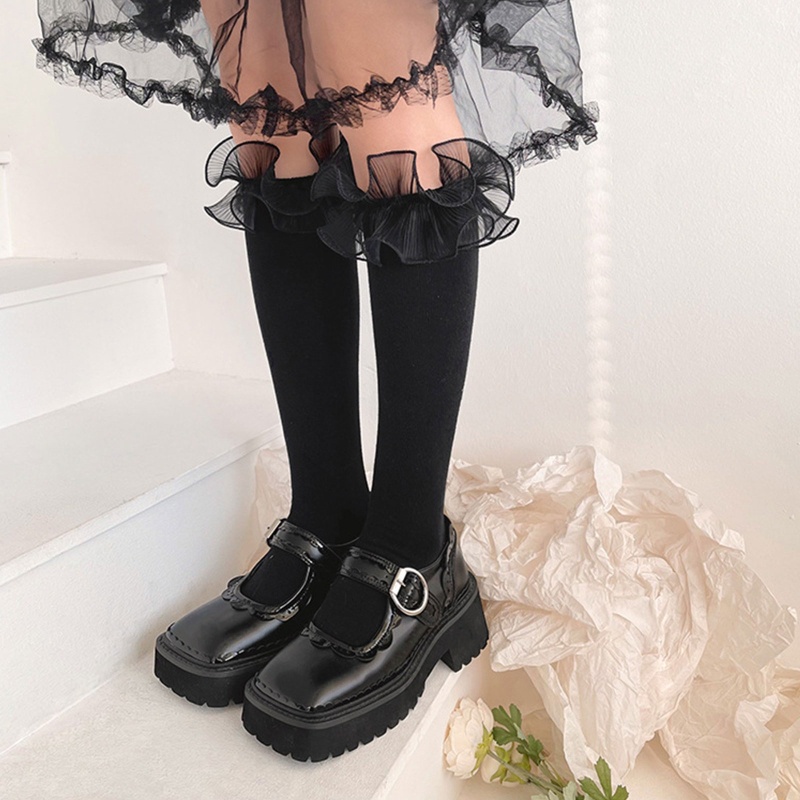 Xiangbao Vớ Cotton Cao Đến Đầu Gối Phối Ren Viền Diềm Xếp Nếp Phong Cách Vintage Pháp Cho Nữ