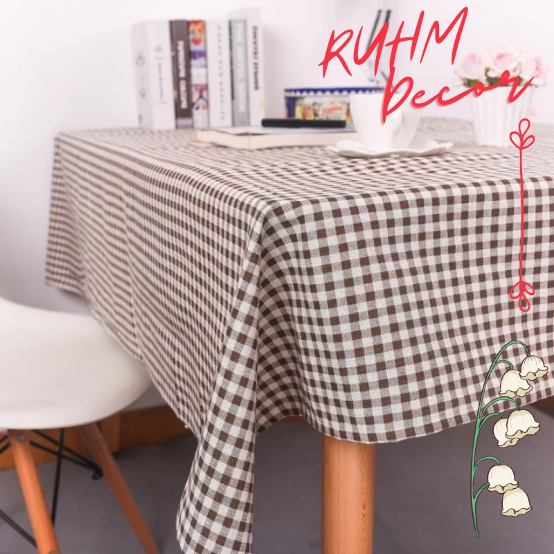 Khăn trải bàn nhà hàng, quán cafe  vải bố linen đậm chất vintage - họa tiết Caro nâu KB-G08