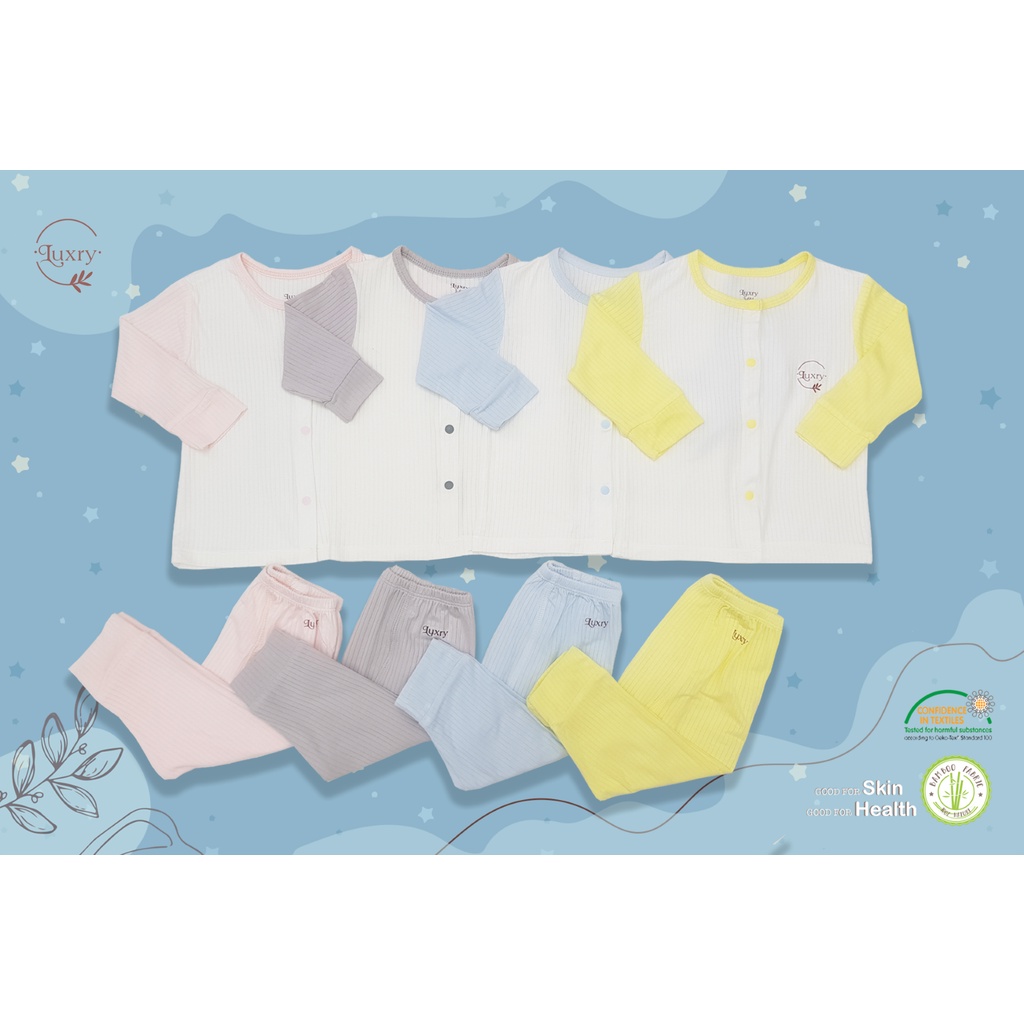 Bộ quần áo Dài Tay Cài Thẳng Phối Màu Dễ Thương, Vải sợi tre Mềm Mịn Nhà Luxry cho bé từ sơ sinh đến 3 tuổi