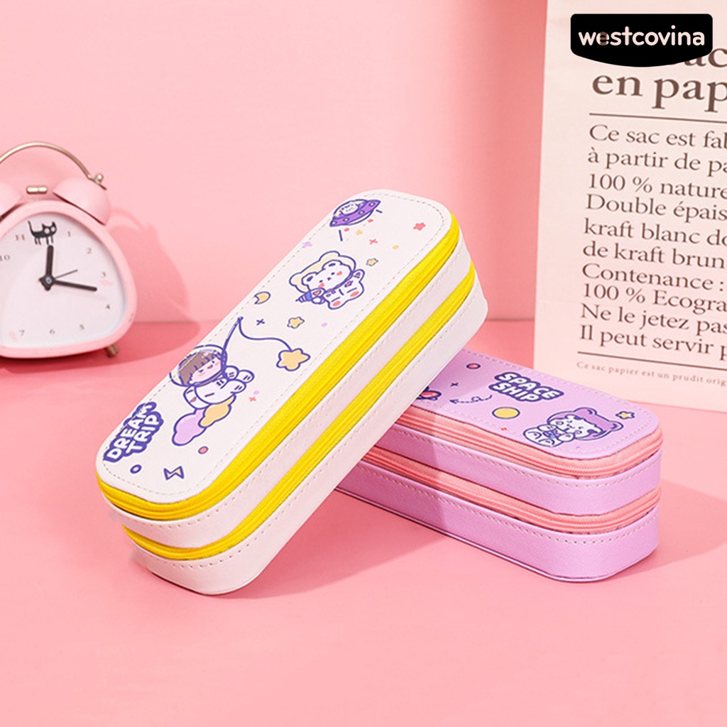 [Hot]✍Túi Đựng Bút Hai Lớp Bằng Da Giả Có Khóa Kéo Kích Thước Lớn