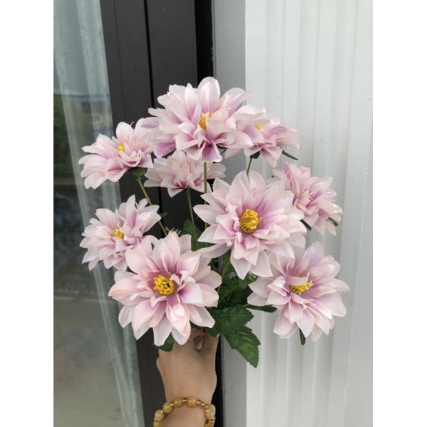 Cụm Hoa Thược Dược 9 bông Size 8cm_ Hoa Lụa Cao Cấp