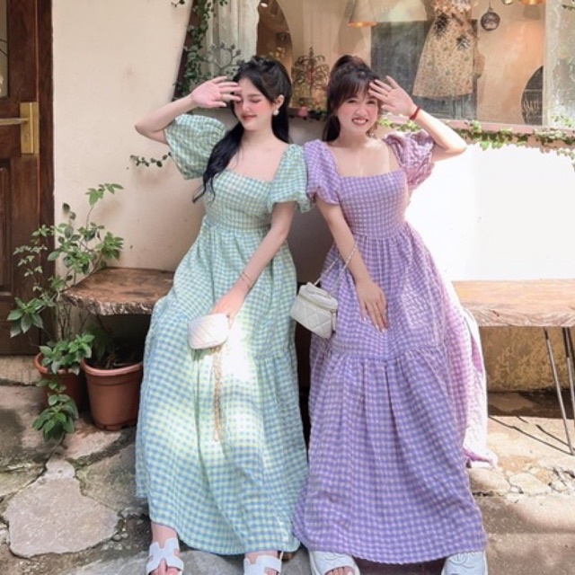 Váy Kẻ Babydoll Chun Sau 2 Màu Siêu Xinh