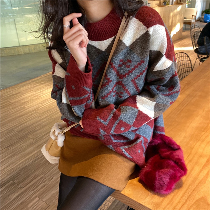 SUXI Áo sweater dáng rộng cổ cao họa tiết nhiều màu thời trang mùa thu cho nữ