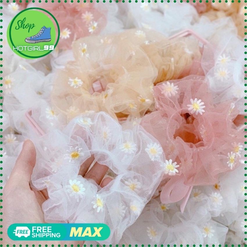 Dây buộc tóc,cột tóc scunchies vải lưới, cột toc họa tiết hoa cúc, buộc toc thanh lịch siêu hot / hotgirl99