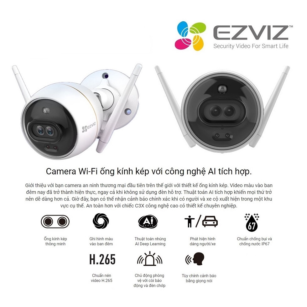 Camera WiFi ngoài trời có màu ban đêm EZVIZ C3X 1080P 2.0Mpx ống kính kép - Hàng Chính Hãng