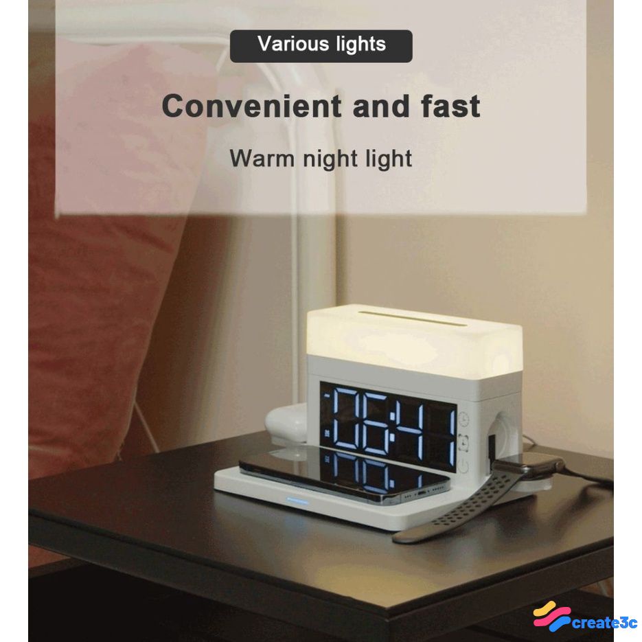 15W Sạc Không Dây Cho IPhone Xiaomi Với Kỹ Thuật Số LED ánh sáng đầy màu sắc 6 Trong 1 Đồng Hồ Báo Thức Sạc Nhanh với bàn đèn create3c