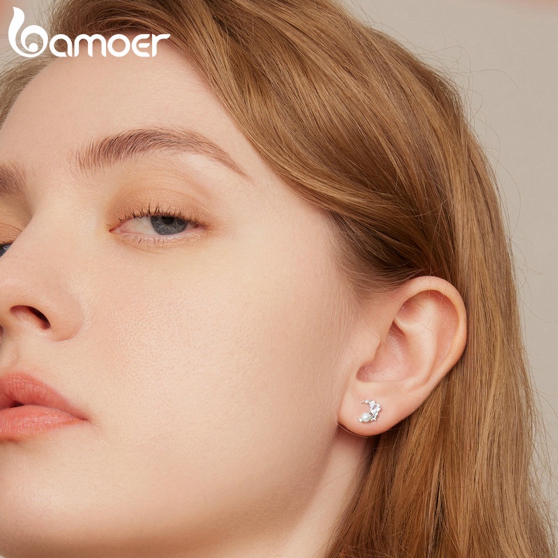 Bông tai nữ BAMOER bạc 925 đính ngọc trai giả thời trang BSE666