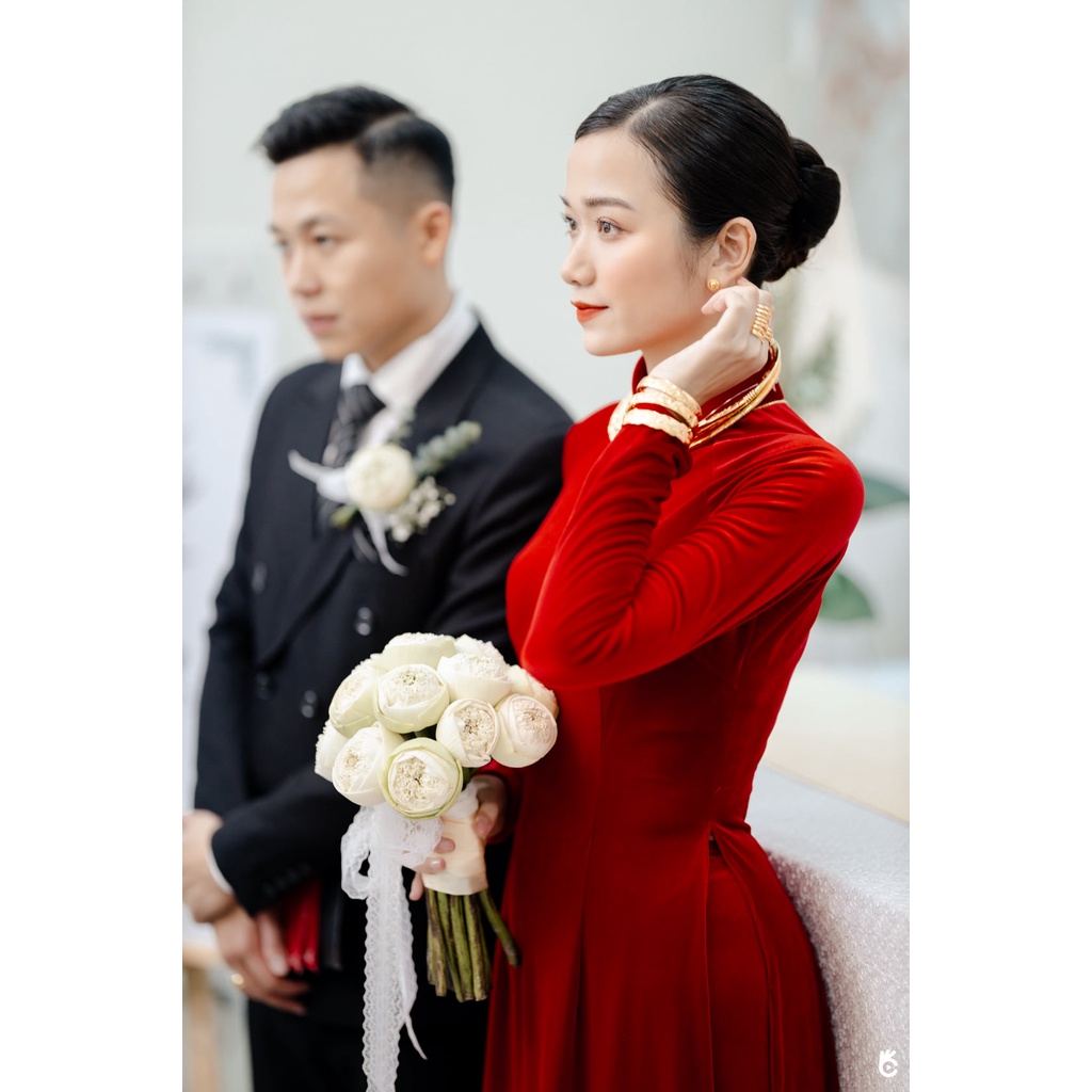 Áo dài cưới đơn giản nhung đỏ trơn - 4 màu sắc đỏ tươi - đỏ rượu - tím - xanh sang trọng