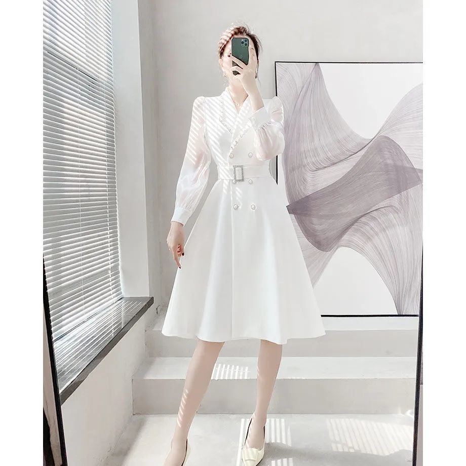 Đầm Cổ Vest Màu Trắng Thiết Kế Mới Xinh Xắn Thời Trang Mùa Xuân Dành Cho Nữ