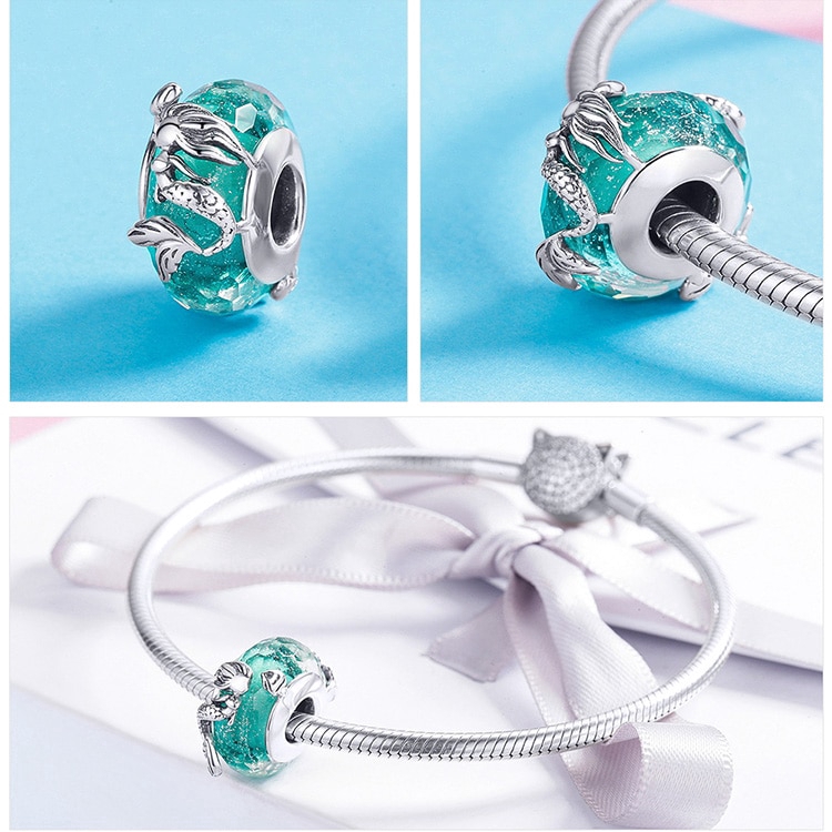 Hạt cườm Bamoer hình tiên cá màu xanh lam làm vòng tay trang sức