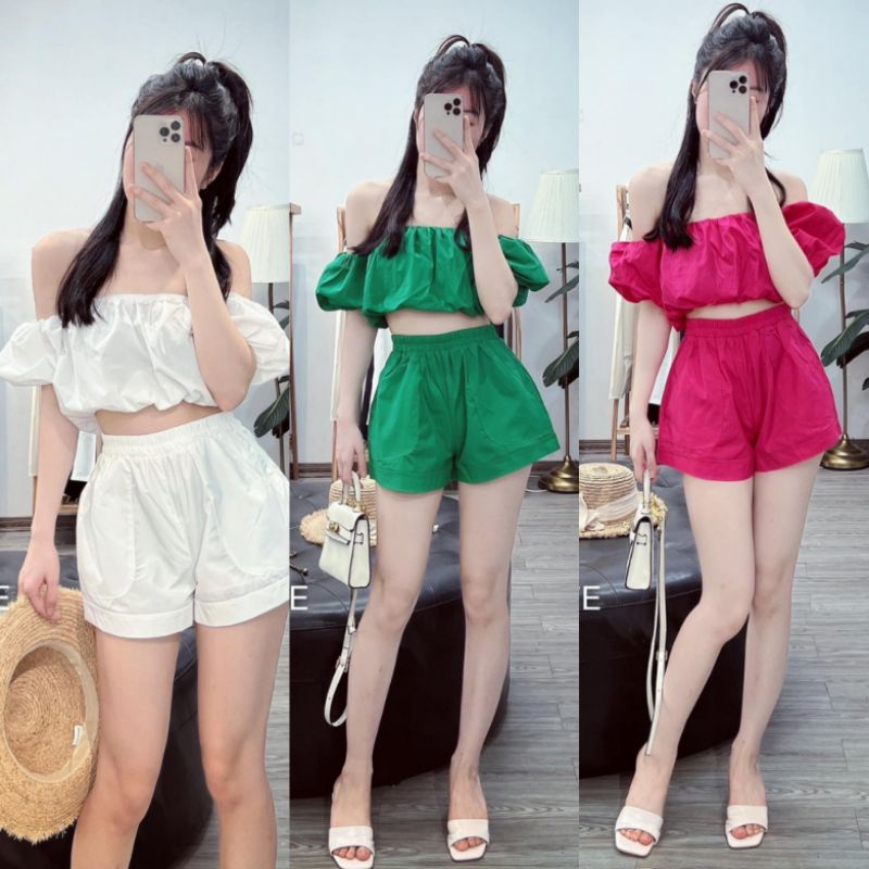 Set Bộ Đùi Nữ Đi Biển ,Set Áo Kiểu Bẹt Vai Bèo Hồng Dáng Croptop Quần Short Cạp Chun Lưng Cao Vải Thô Mịn Mát
