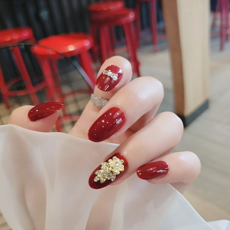 YADORNOS Set 24 móng tay giả YADORNOS màu đỏ rượu vang dáng dài có thể tháo rời thời trang