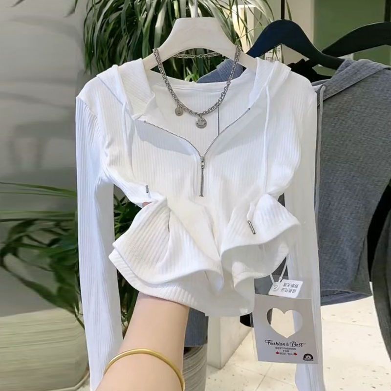 Áo Thun Nữ Tay Dài Cổ Chữ v Có Khóa Kéo Thời Trang