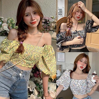 Áo Croptop Tay Phồng In Họa Tiết Hoa Phong Cách Hàn Quốc Cổ Điển Thời Trang Cho Nữ