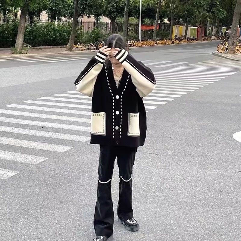 Áo Khoác Cardigan Dệt Kim Phối Màu Tương Phản Phong Cách Retro Thời Trang Thu Đông Mới