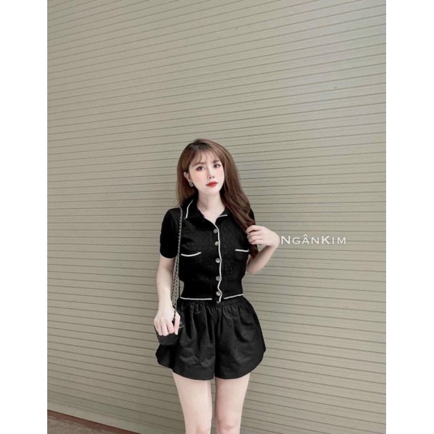 Áo Len nữ cộc tay cổ bẻ vân trám nổi phối viền đen hot hit