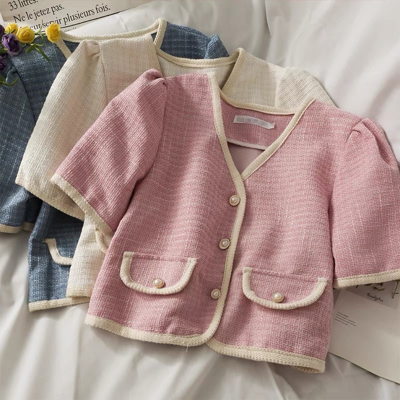 Áo dạ Tweed nữ crotop kiểu Hàn quốc vải tuýt xinh xắn, cúc ngọc, tay ngắn sang chảnh tiểu thư có ảnh thật