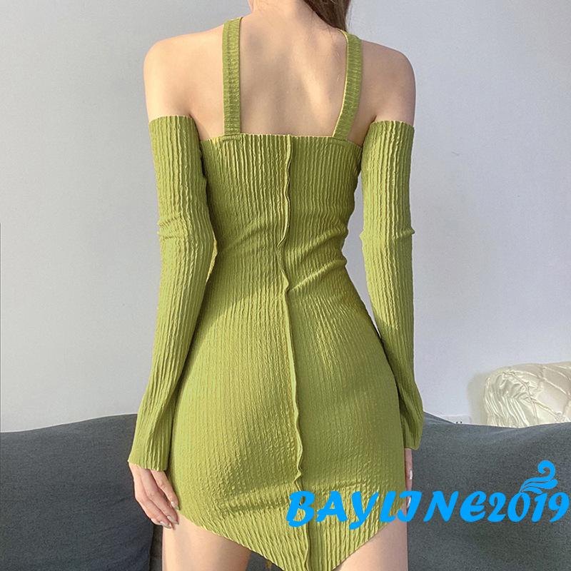 Đầm Dài Trễ Vai Tay Dài Màu Trơn Thời Trang Mùa Hè Cho Nữ