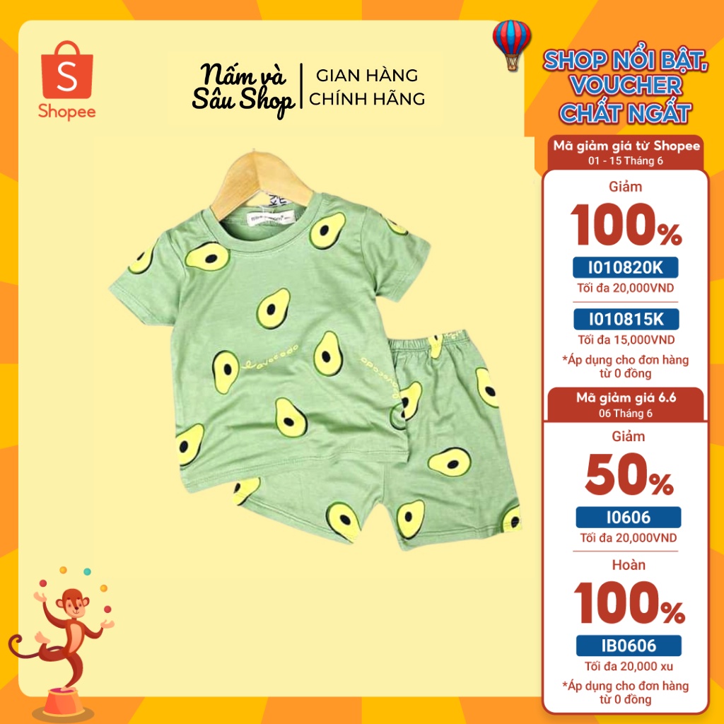 Bộ cộc thun lạnh áo cộc tay quần đùi trẻ em in hình hoa quả Nấm và Sâu Shop cho bé từ 1 đến 5 tuổi