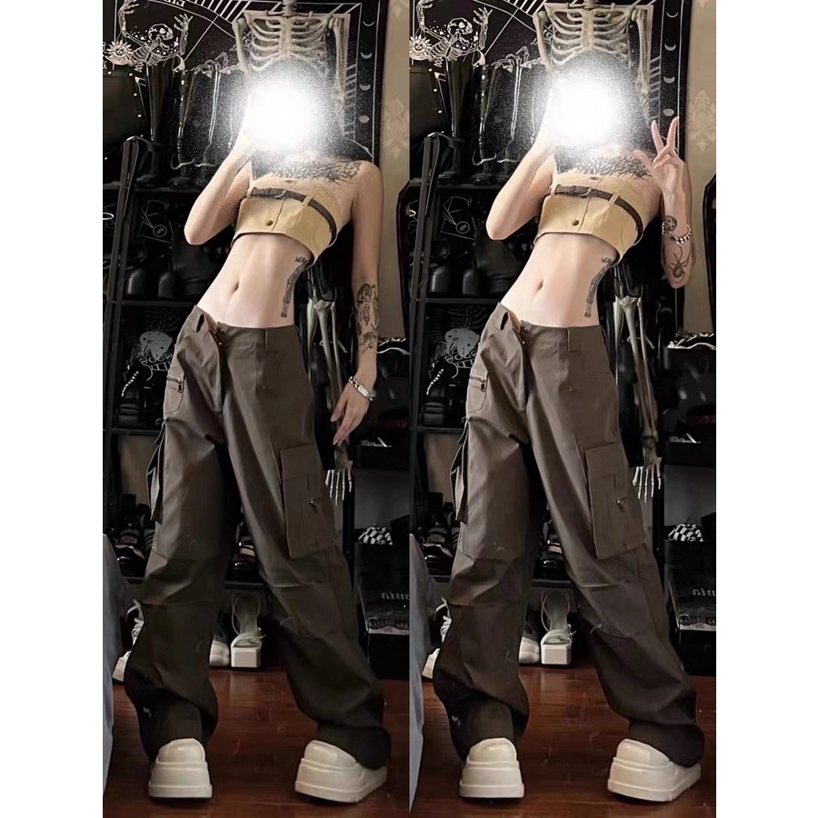 Quần kaki hiphop ống rộng cạp trễ nhiều túi phong cách đường phố