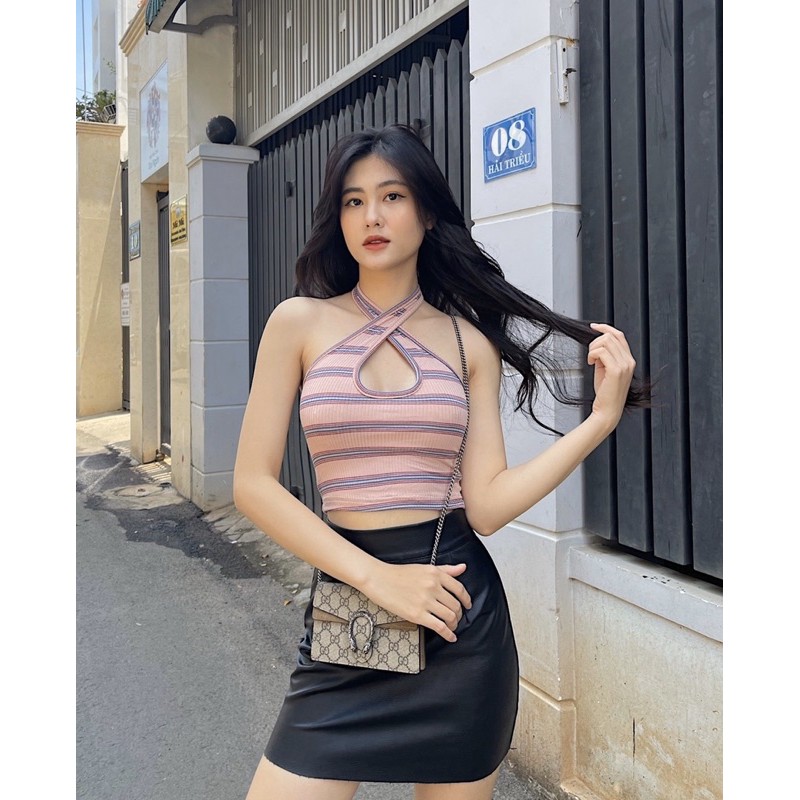 Áo croptop nữ khoét ngực HHVINTAGE kiểu cổ xoắn thun co giãn Top A37