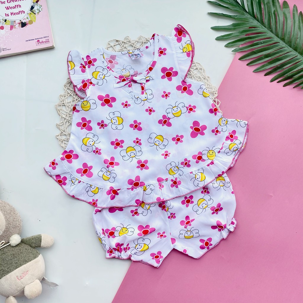 Đồ bộ tôn (tole - lanh) mẫu tay nhí lai xòe họa tiết xinh xắn mềm - mịn - mát cho bé gái 7-9kg (hình thật)