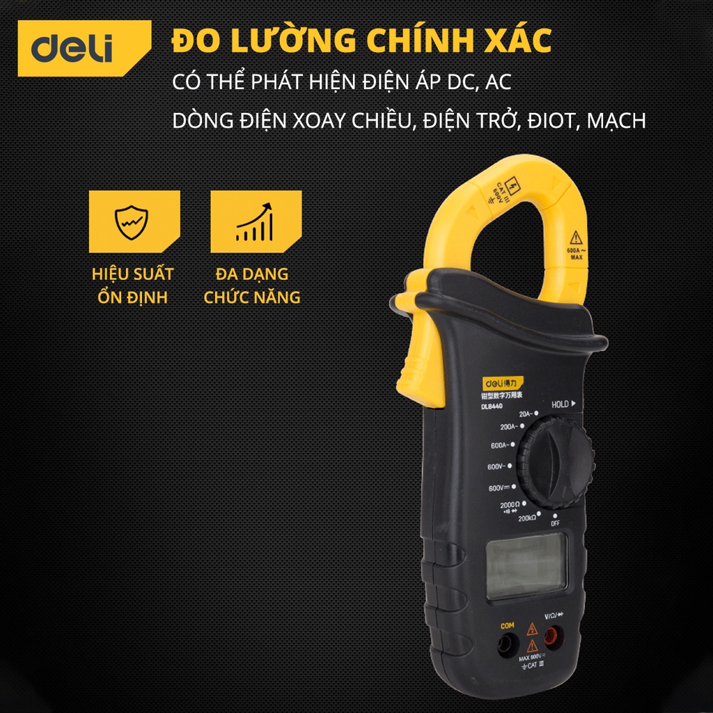 Đồng Hồ Kẹp Đo Dòng Điện Ampe 600V Deli Chuyên Dụng Chính Hãng - Độ Chính Xác Cao, Dễ Dàng Sử Dụng - DL8440