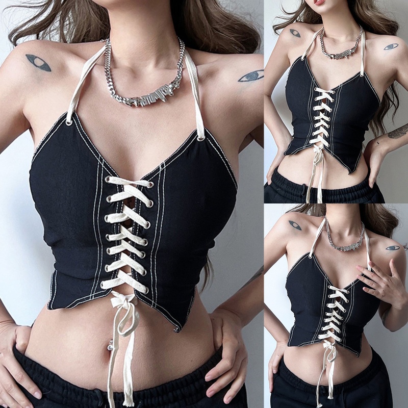Áo Croptop Hai Dây Cổ Chữ V Hở Lưng Màu Sắc Tương Phản Gợi Cảm Cho Nữ