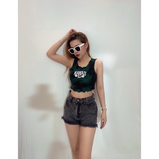 Áo 3 lỗ thun bo gân lụa wash xanh đen in Hawail
