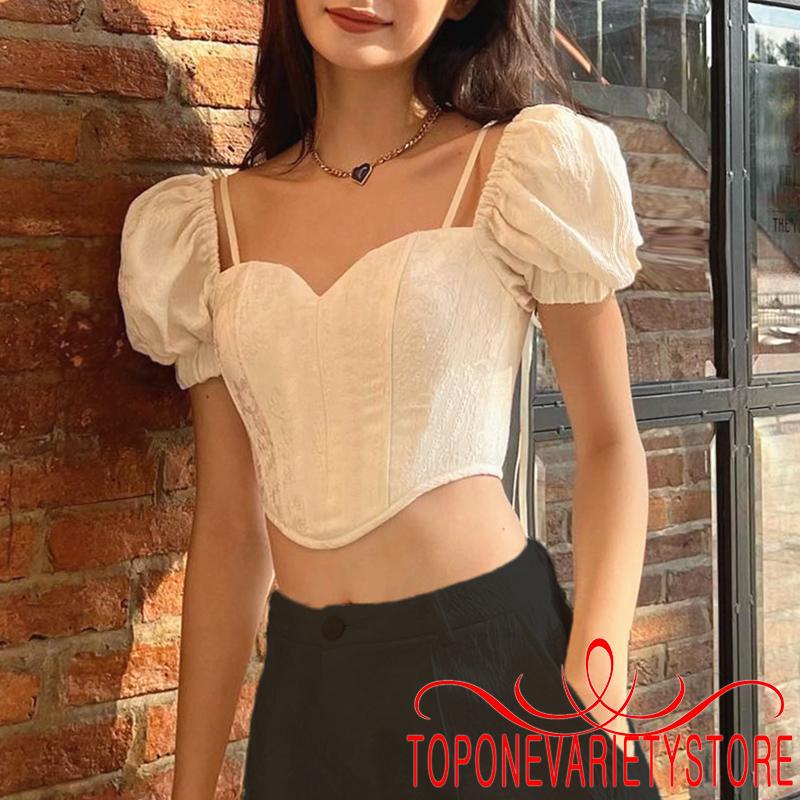 Áo Croptop Tay Ngắn Phồng Cổ Buộc Dây Thời Trang Cho Nữ