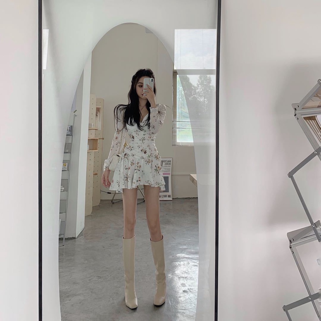 Đầm nữ cổ chữ V in hoa phong cách retro kiểu mới