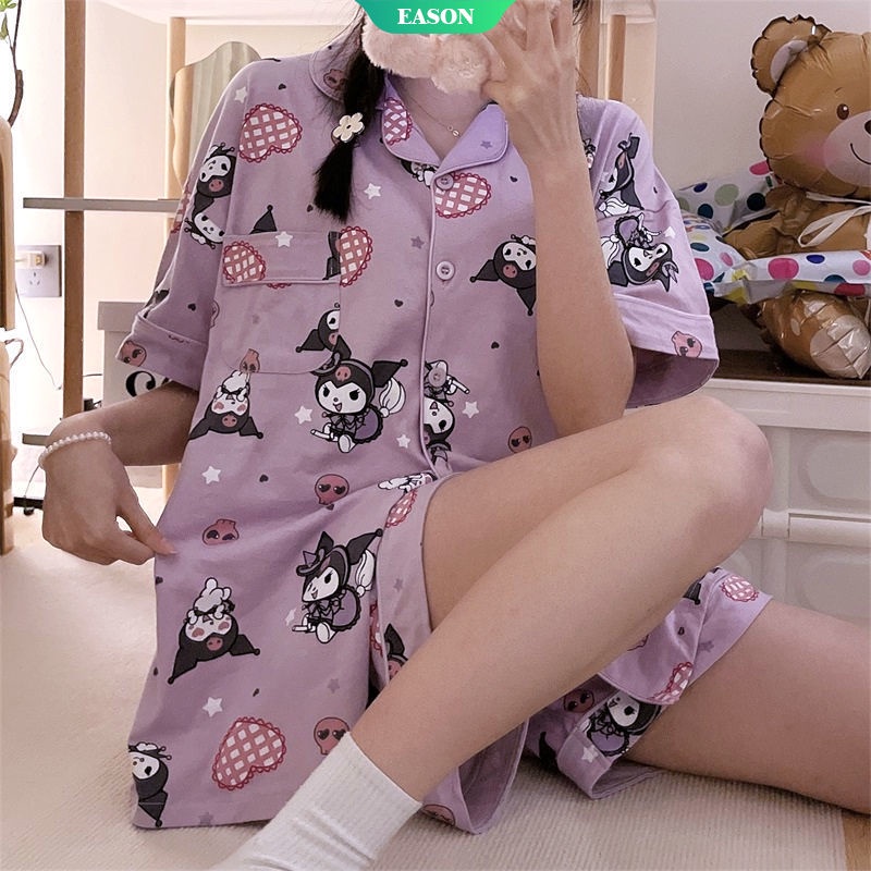SANRIO Bộ Đồ Ngủ Tay Ngắn Dáng Rộng Chất Liệu Polyester In Họa Tiết Hoạt Hình Kuromi Dễ Thương Thời Trang Mùa Hè Cho Học Sinh