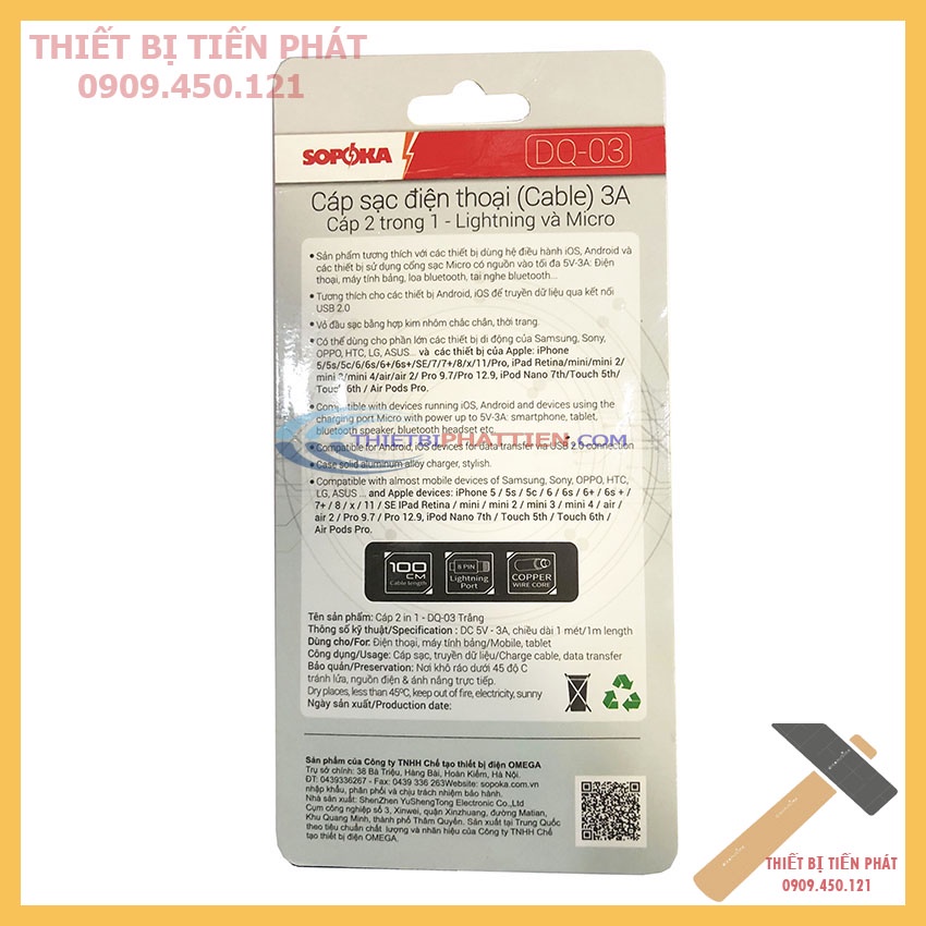Cáp Sạc Điện Thoại 3A SOPOKA DQ-03 2 Trong 1 Lighting Và Micro Đa Năng