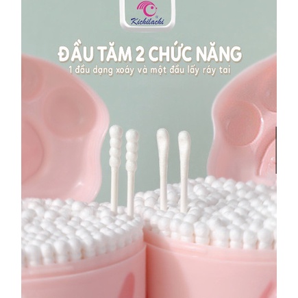 Tăm bông sơ sinh Hộp hình Lợn Hồng Kichilachi thân giấy, bông ngoáy tai trẻ em hộp 200 que