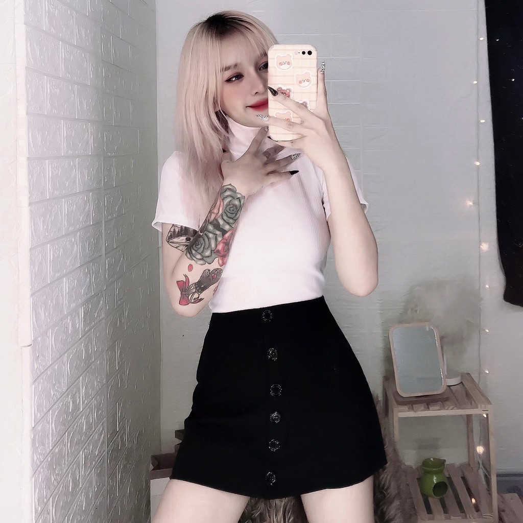 Áo croptop tay ngắn cổ lọ ôm body cực xinh , chất thun gân QC cực mềm mịn mát