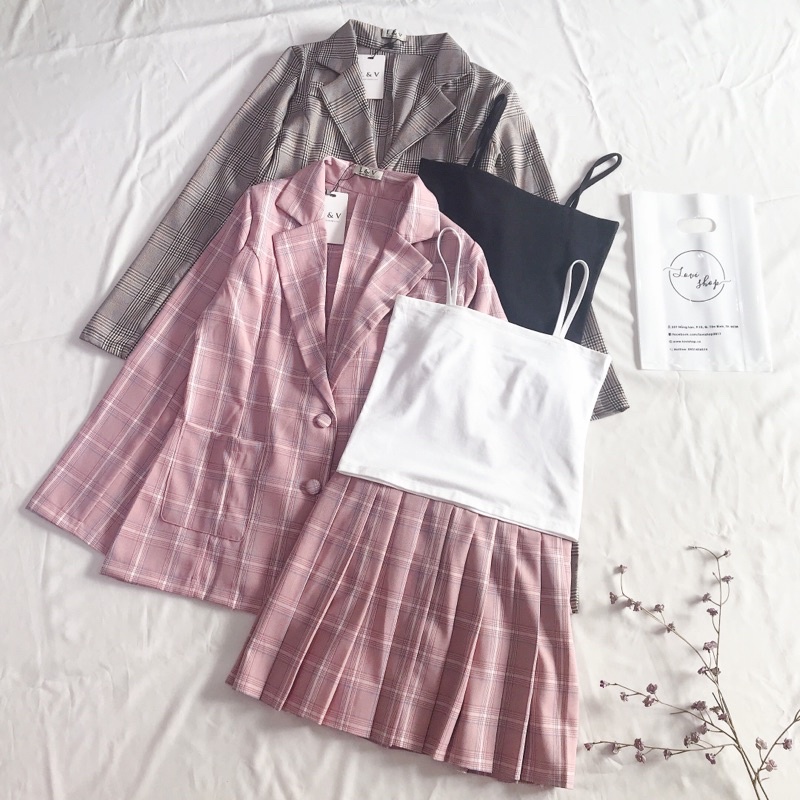 Set vest chân váy caro 3 món Lovi