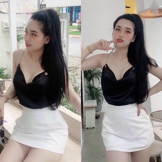 áo kiểu 2 dây cổ đổ phi lụa bóng phối xích vàng aloha shop91