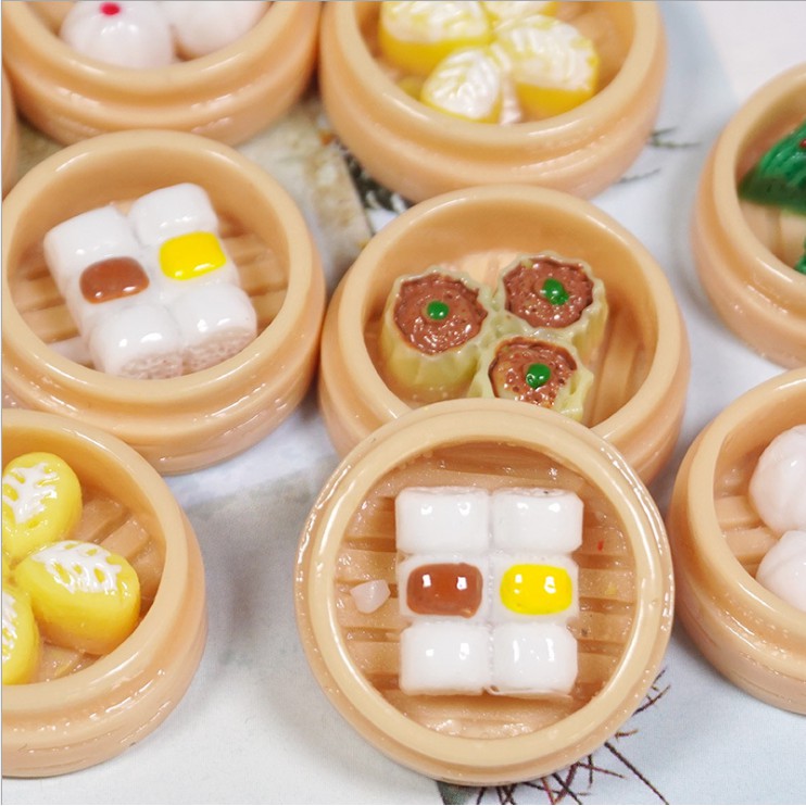 Mô hình các khay bánh ú, bánh bao, dimsum trang trí nhà búp bê, móc khóa, DIY