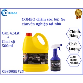 Combo xịt bóng lốp xe, dung dịch dưỡng đen bóng lốp xe ô tô, xe máy, xe tải TH CLEAN, can 4.5L + bình xịt 500ml