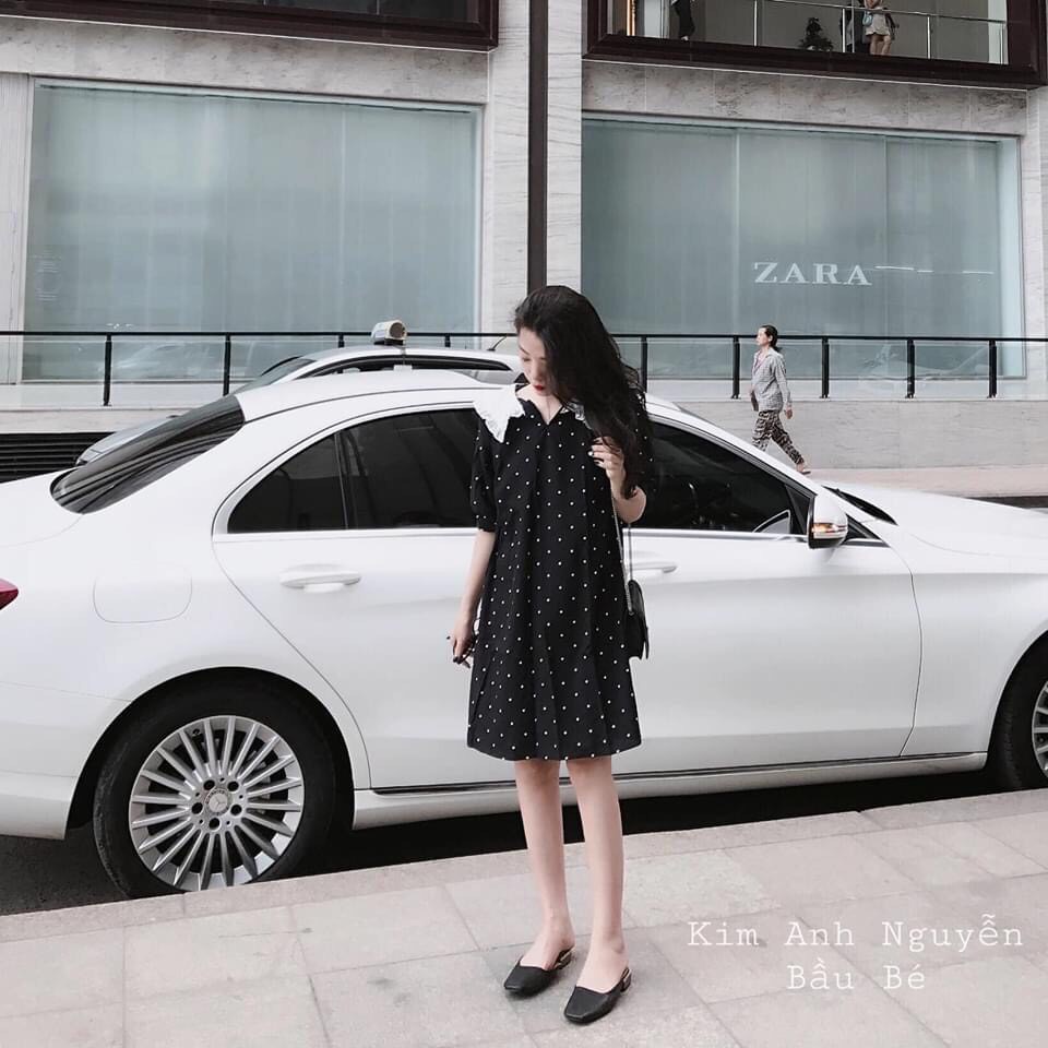 VÁY CHẤM BI ĐEN CỔ BÈO - ĐẦM SUÔNG CHẤM BI CỔ V ULZZANG