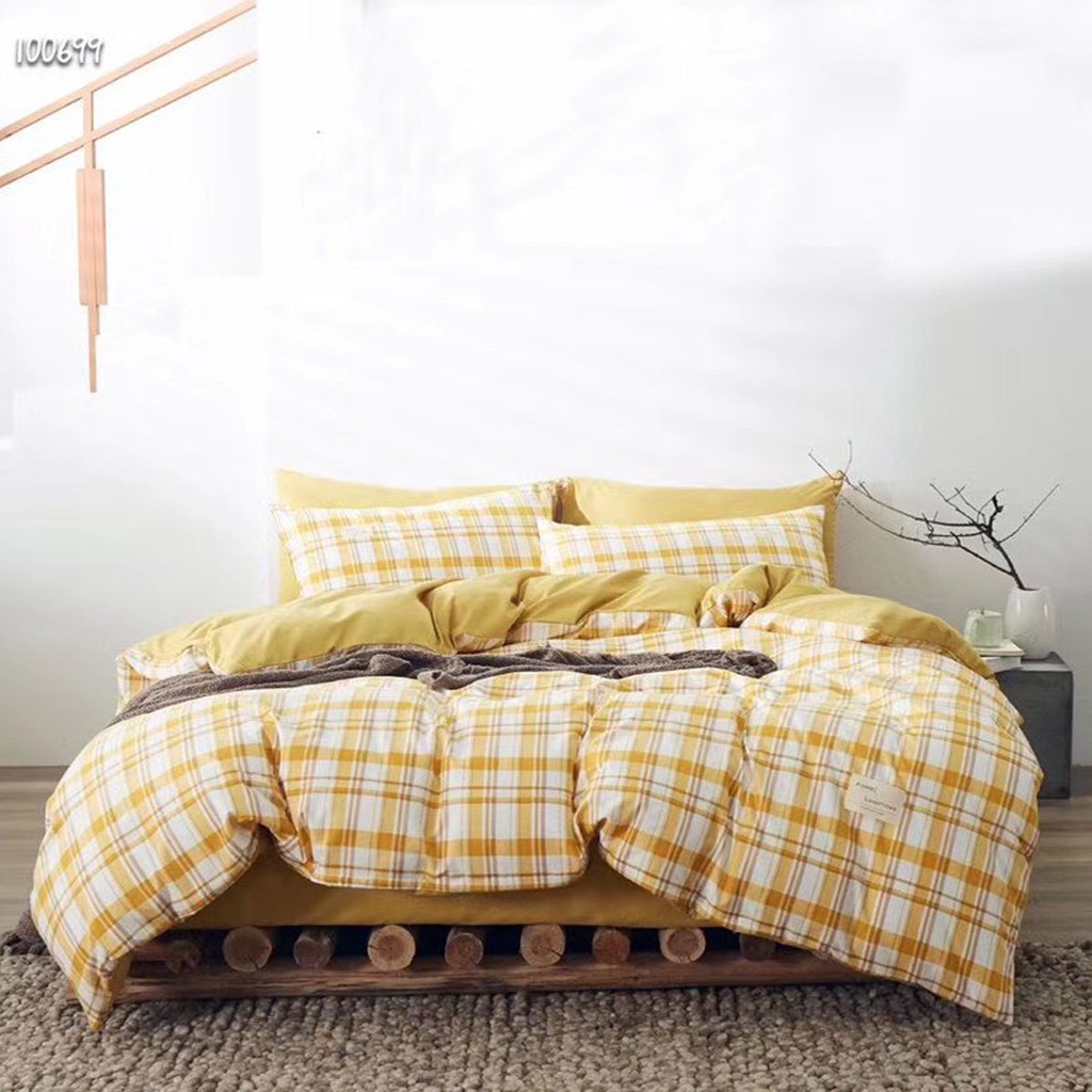 Bộ Chăn Ga Gối Cotton TC Emmidecor Kẻ HQ vàng miễn phí bo chun và làm ga phủ theo yêu cầu