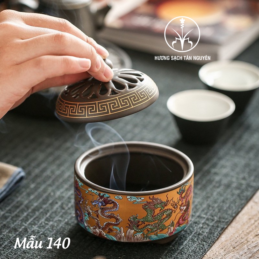 Lư hương đốt trầm, lư trầm hương bằng gốm sứ cao cấp, họa tiết nổi tinh xảo