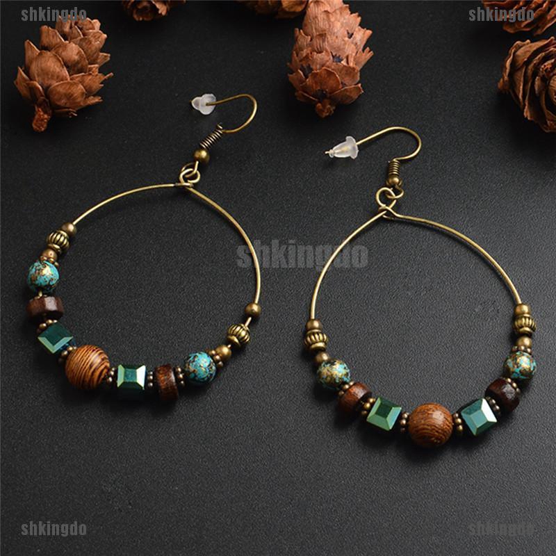 Khuyên tai tròn xỏ hạt phong cách boho cổ điển