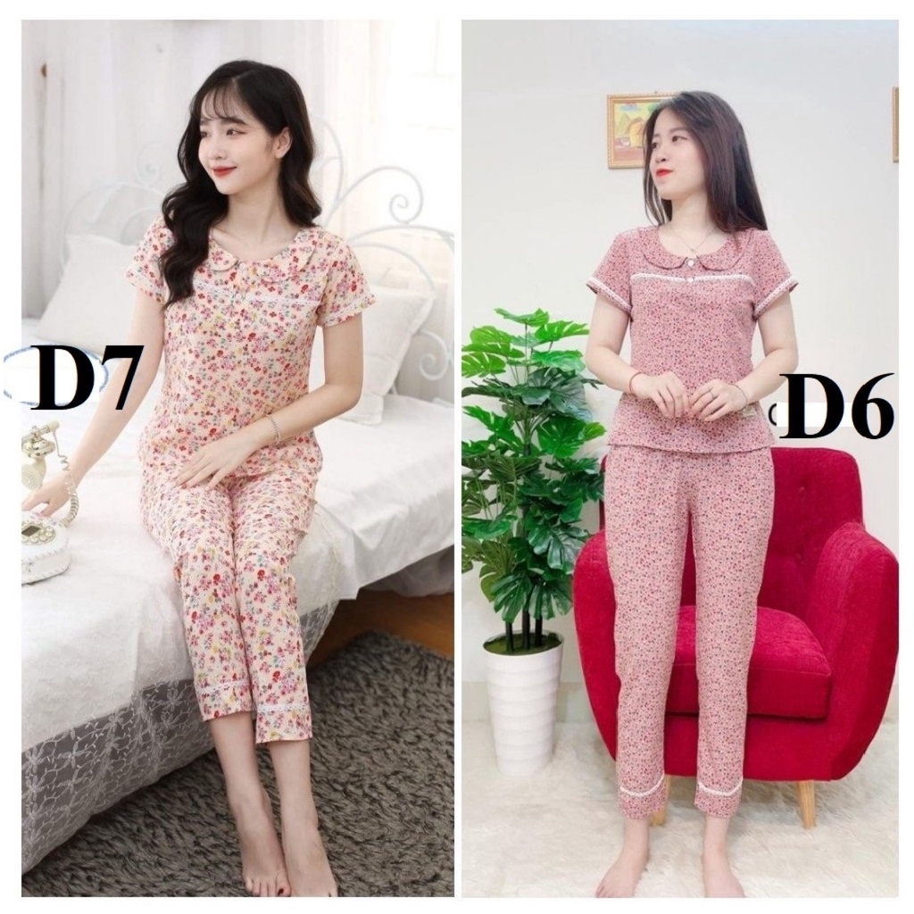 đồ bộ mặc nha nữ tay ngắn hoa nhí ren ngang chất lụa mềm min không nhăn