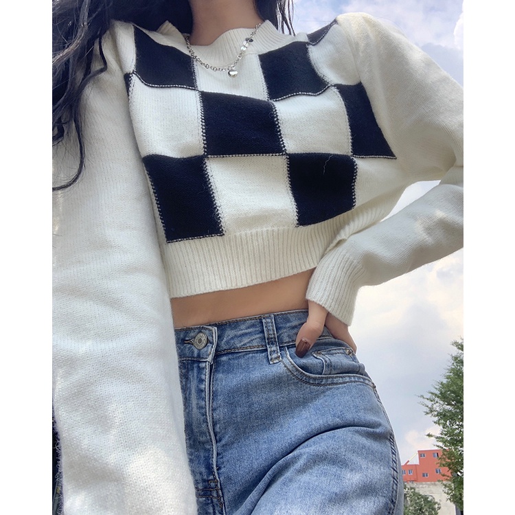 Áo len croptop tay dài 2021, croptop nữ màu trắng họa tiết kẻ ô vuông thời trang thu đông hàn quốc | BigBuy360 - bigbuy360.vn