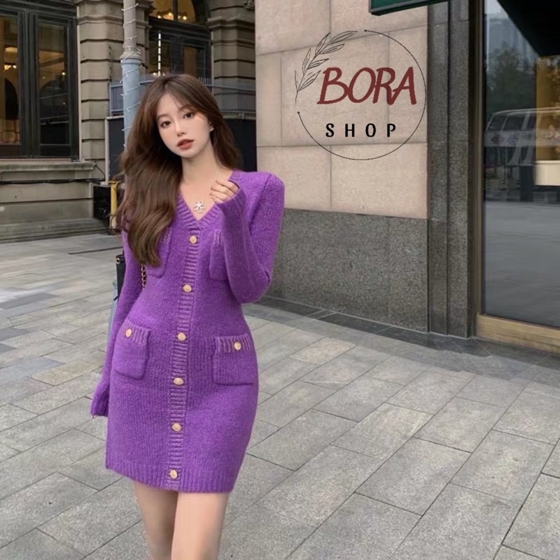 - Váy len nữ Ulzzang Hàn Quốc BORA SHOP cổ chữ V 4 túi trước