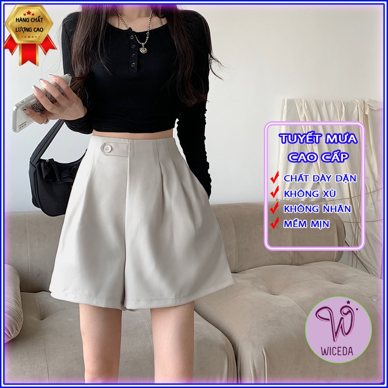 Quần short nữ cạp chun ống rộng Wiceda , quần đùi nữ cạp cao chất đẹp 4 màu đen trắng kem nâu tây QC520
