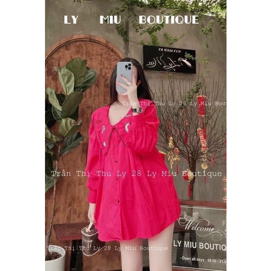 Áo sơmi tiểu thư baby doll form rộng 2 màu in hình siêu dễ thương